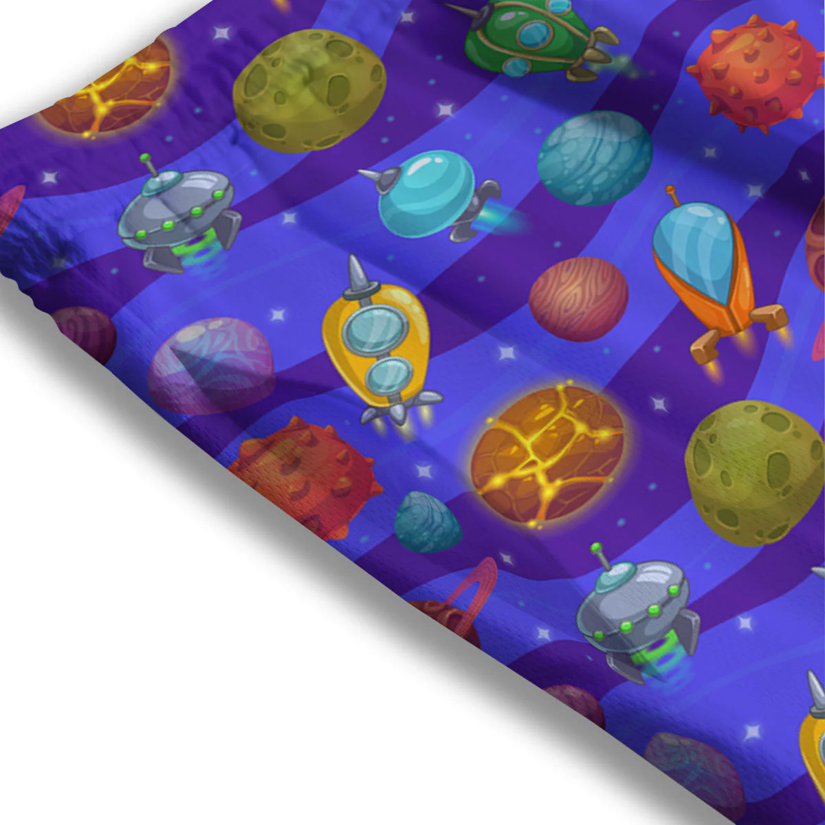 Cartoon Space Ships And Planets Print Pattern Mesh Shorts - Image 3