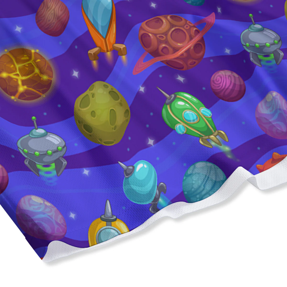 Cartoon Space Ships And Planets Print Pattern Mesh Shorts - Image 4