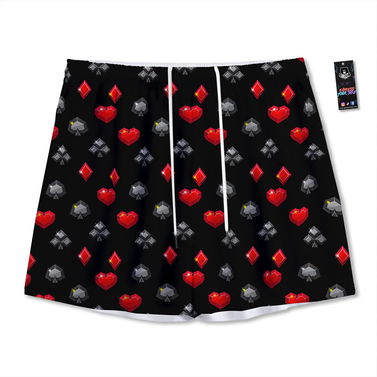 Casino Card Suits Red Black Print Pattern Mesh Shorts