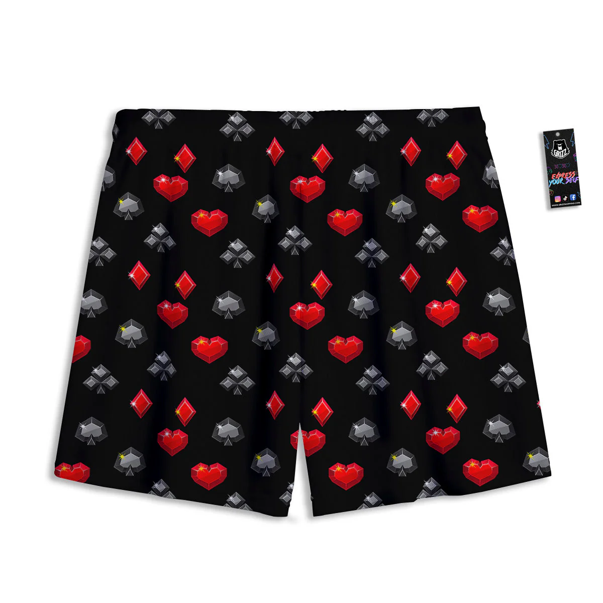 Casino Card Suits Red Black Print Pattern Mesh Shorts - Image 2