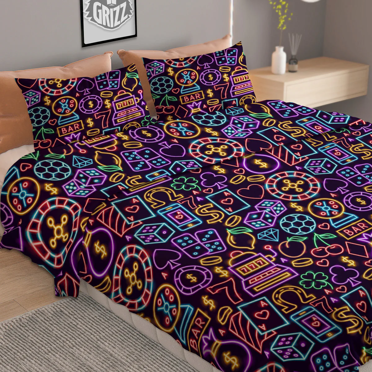 Casino Neon Night Sign Print Pattern Duvet Cover Bedding Set - Image 2