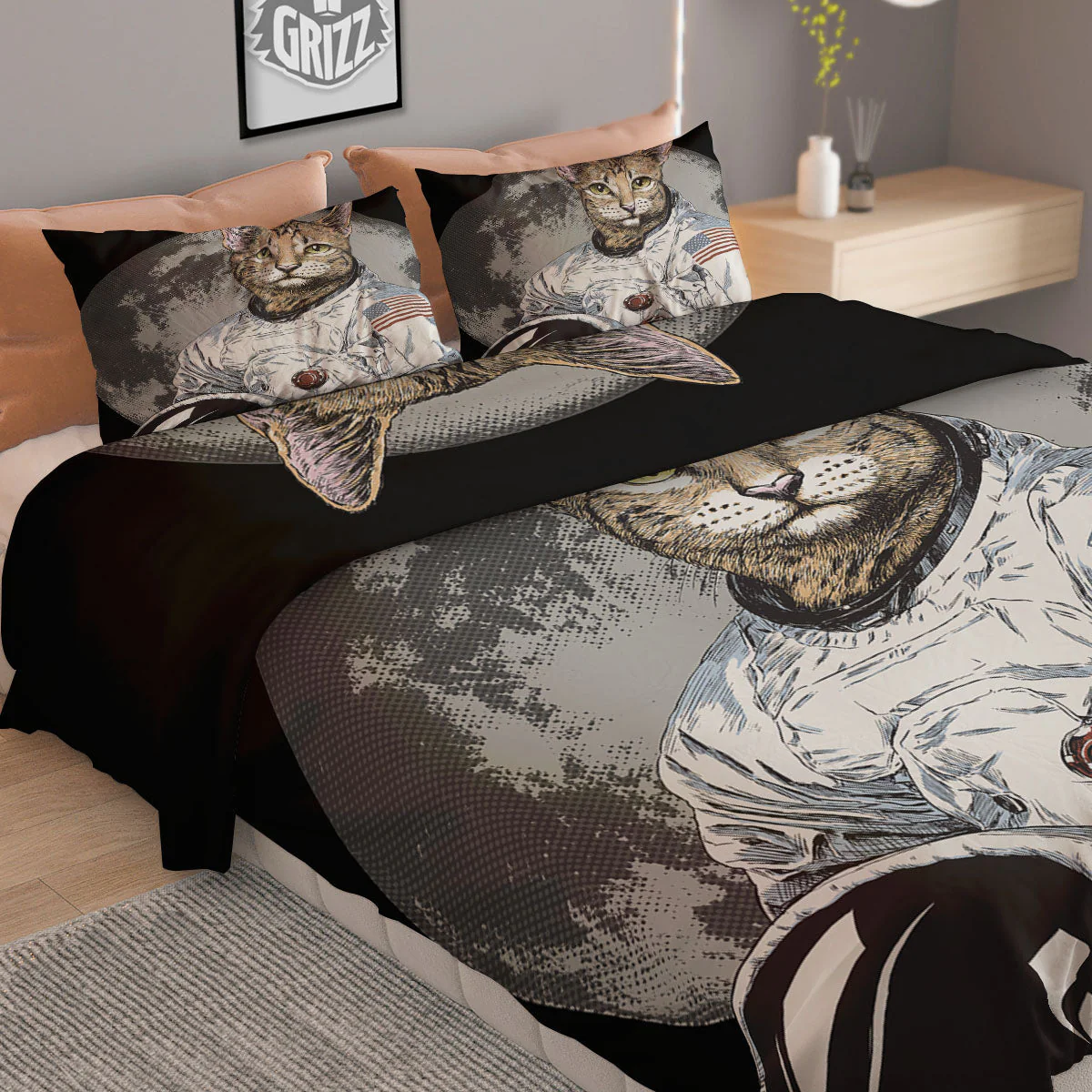 Cat American Astronaut On The Moon Print Duvet Cover Bedding Set - Image 2