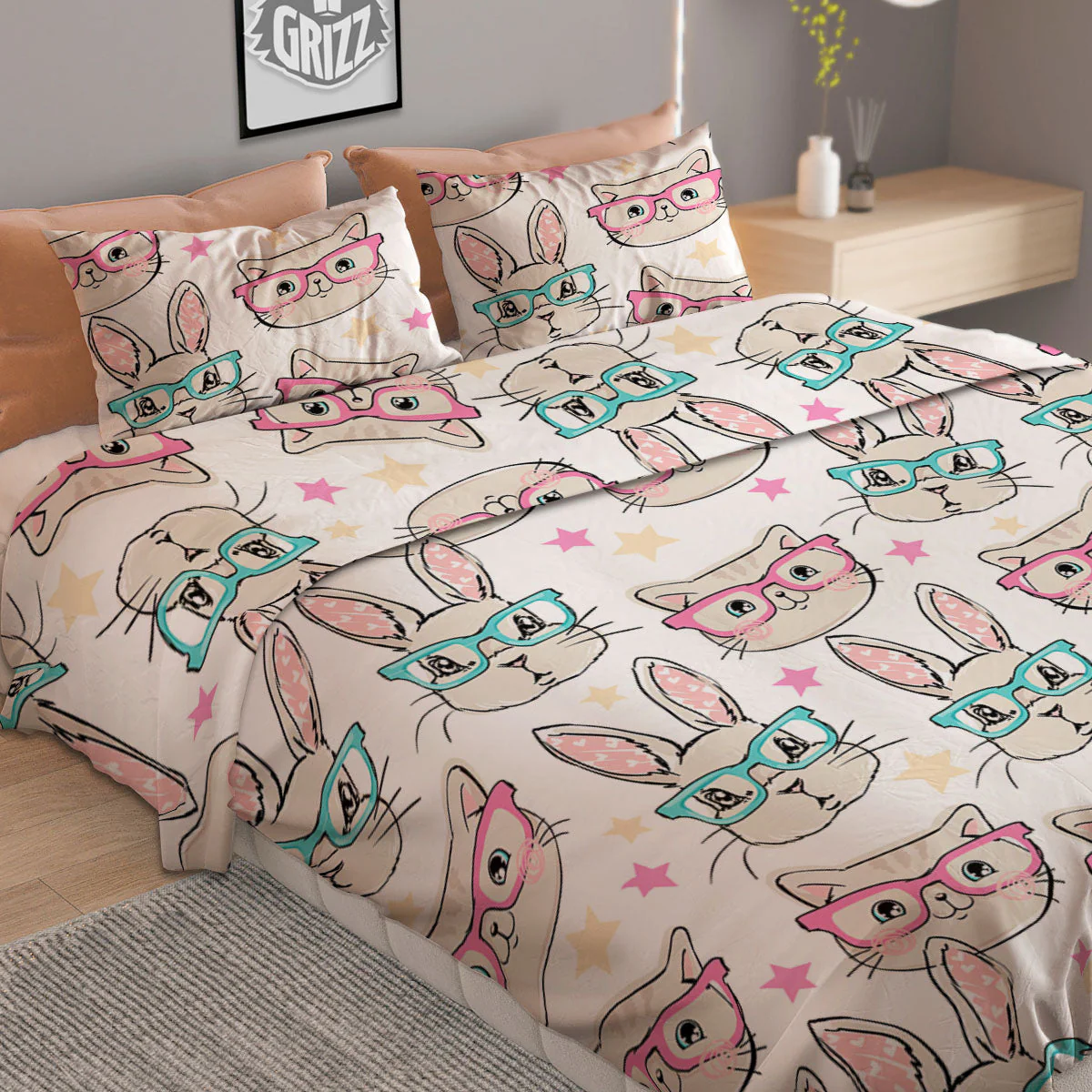 Cat And Rabbit Print Pattern Duvet Cover Bedding Set - Image 2