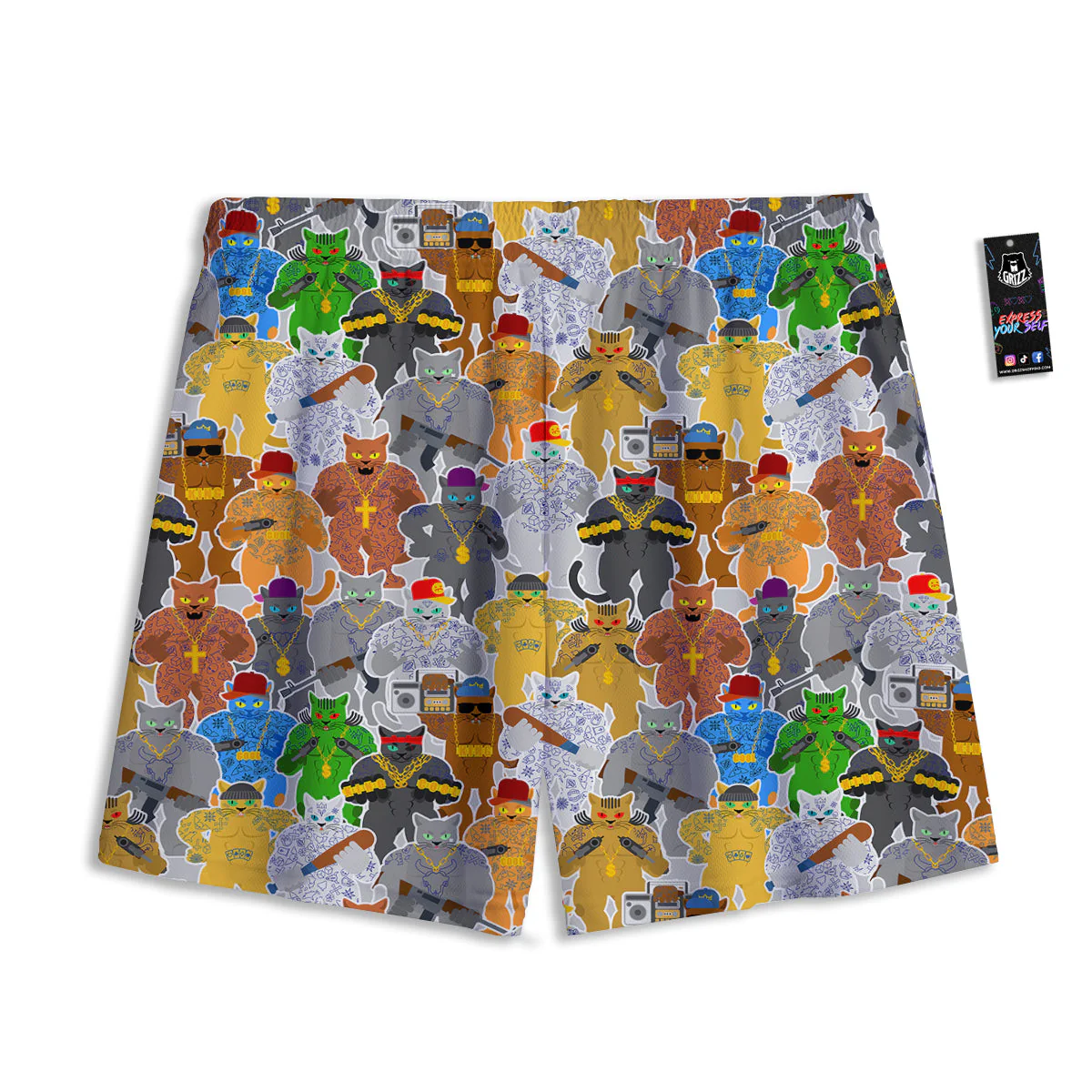 Cat Gangsta Colorful Print Pattern Mesh Shorts - Image 2