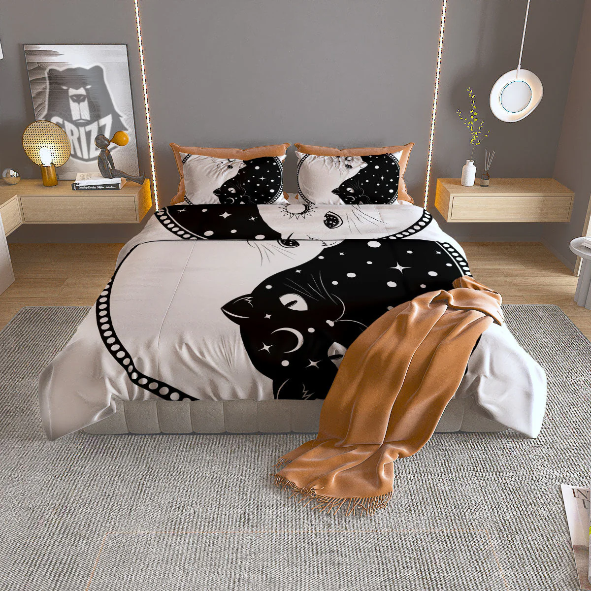 Cat Yin Yang White And Black Print Duvet Cover Bedding Set