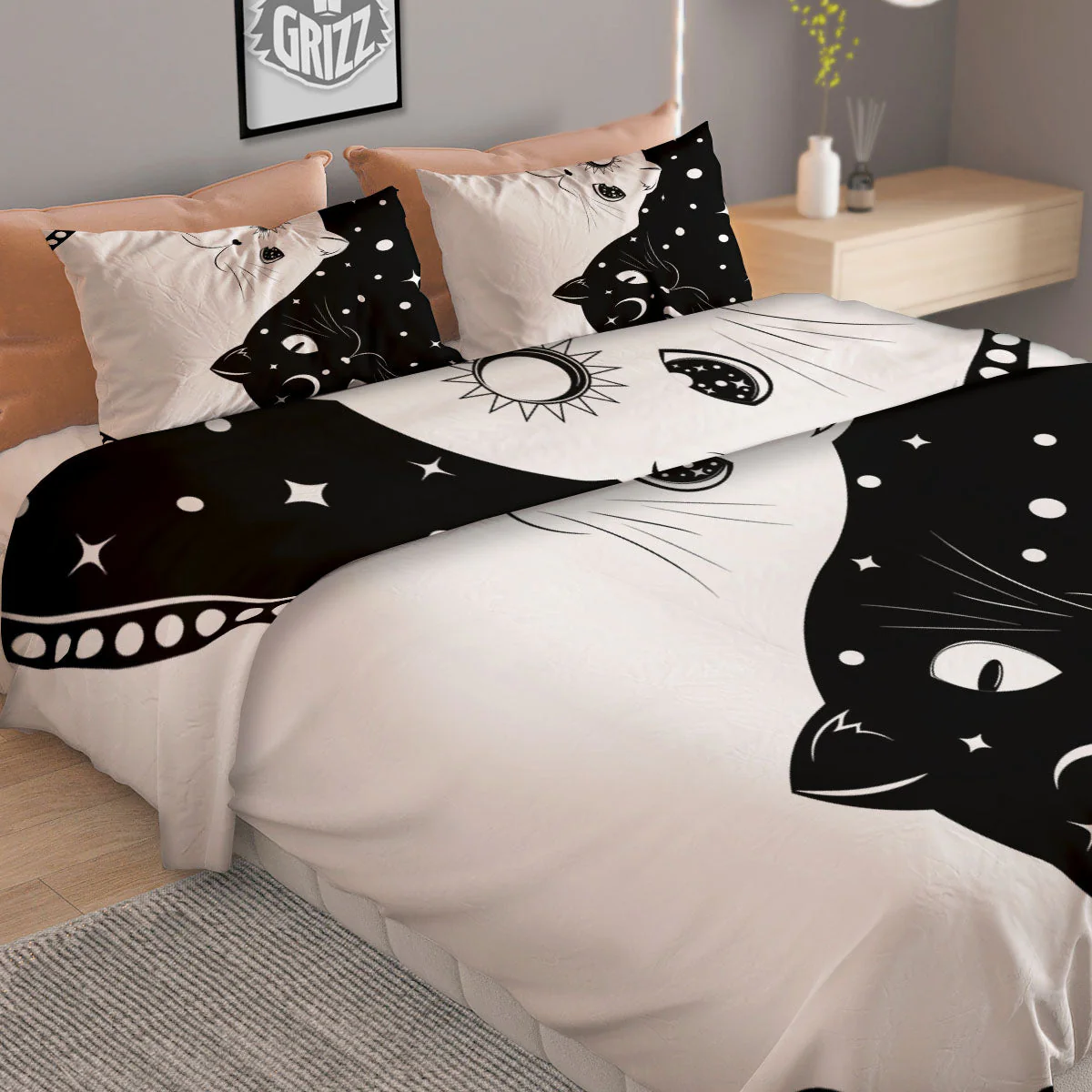 Cat Yin Yang White And Black Print Duvet Cover Bedding Set - Image 2