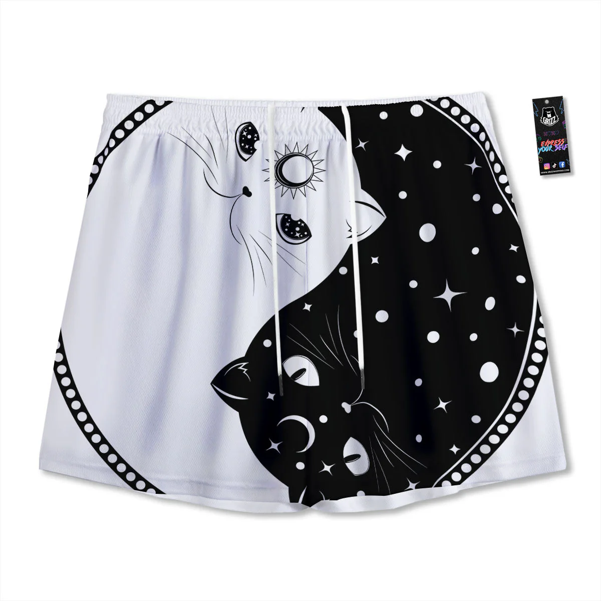 Cat Yin Yang White And Black Print Mesh Shorts