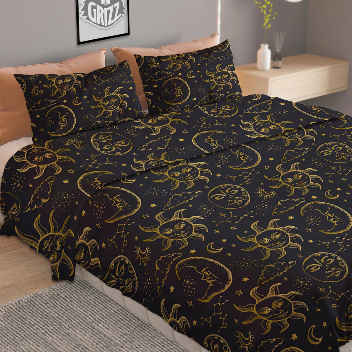 Celestial Gold And Black Print Pattern Duvet Cover Bedding Set - Image 2