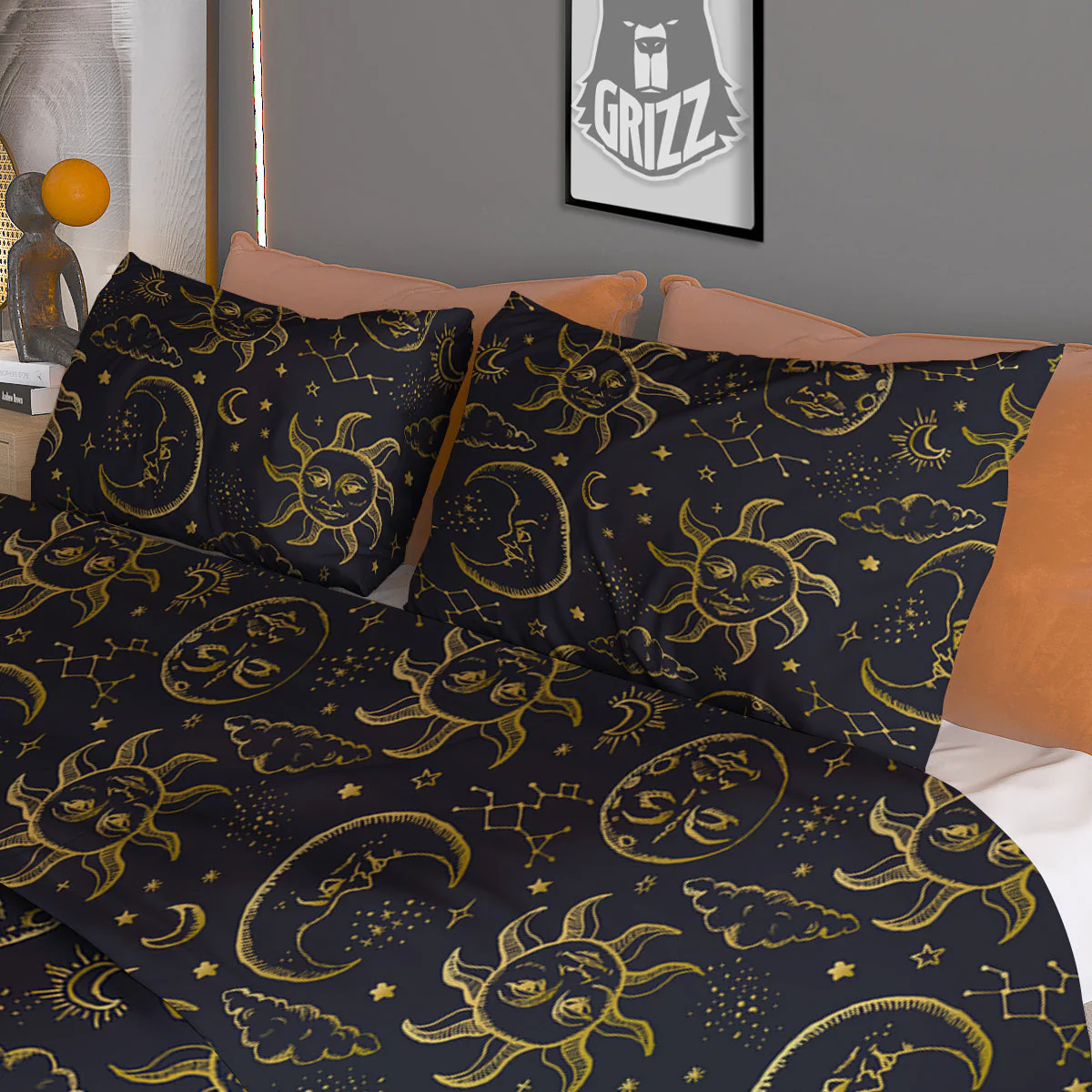 Celestial Gold And Black Print Pattern Duvet Cover Bedding Set - Image 3