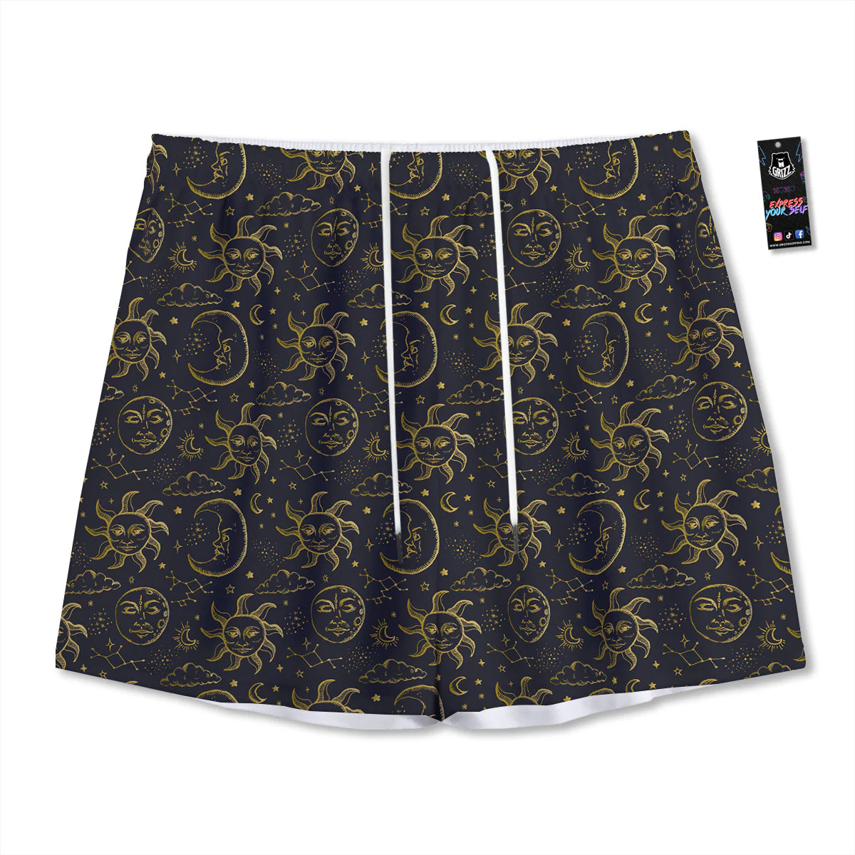 Celestial Gold And Black Print Pattern Mesh Shorts