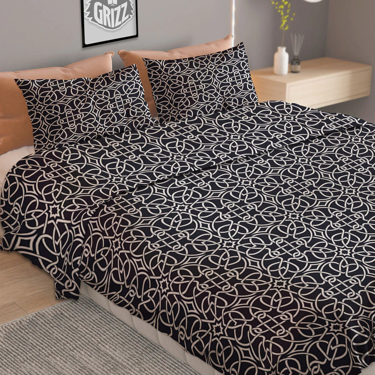 Celtic White And Black Print Pattern Duvet Cover Bedding Set - Image 2