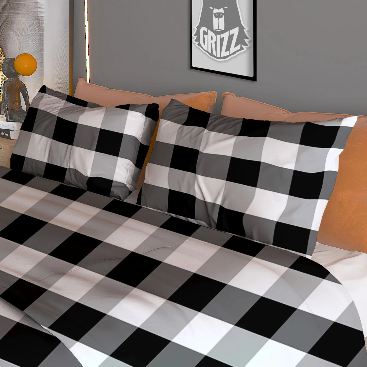 Check Black And Grey Print Pattern Duvet Cover Bedding Set - Image 3