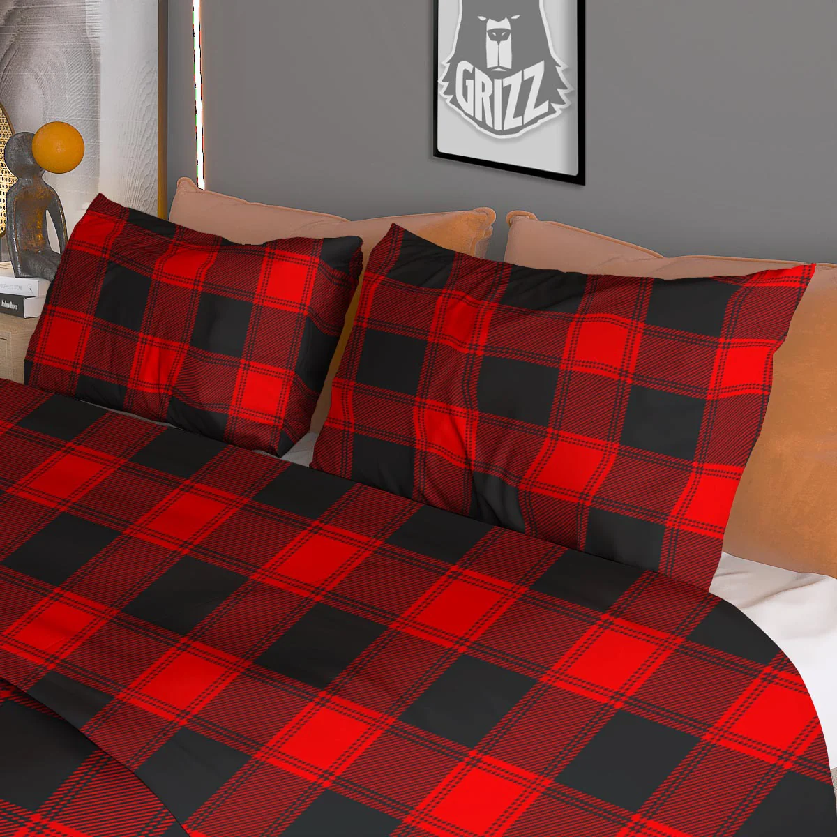 Check Black And Red Print Pattern Duvet Cover Bedding Set - Image 3