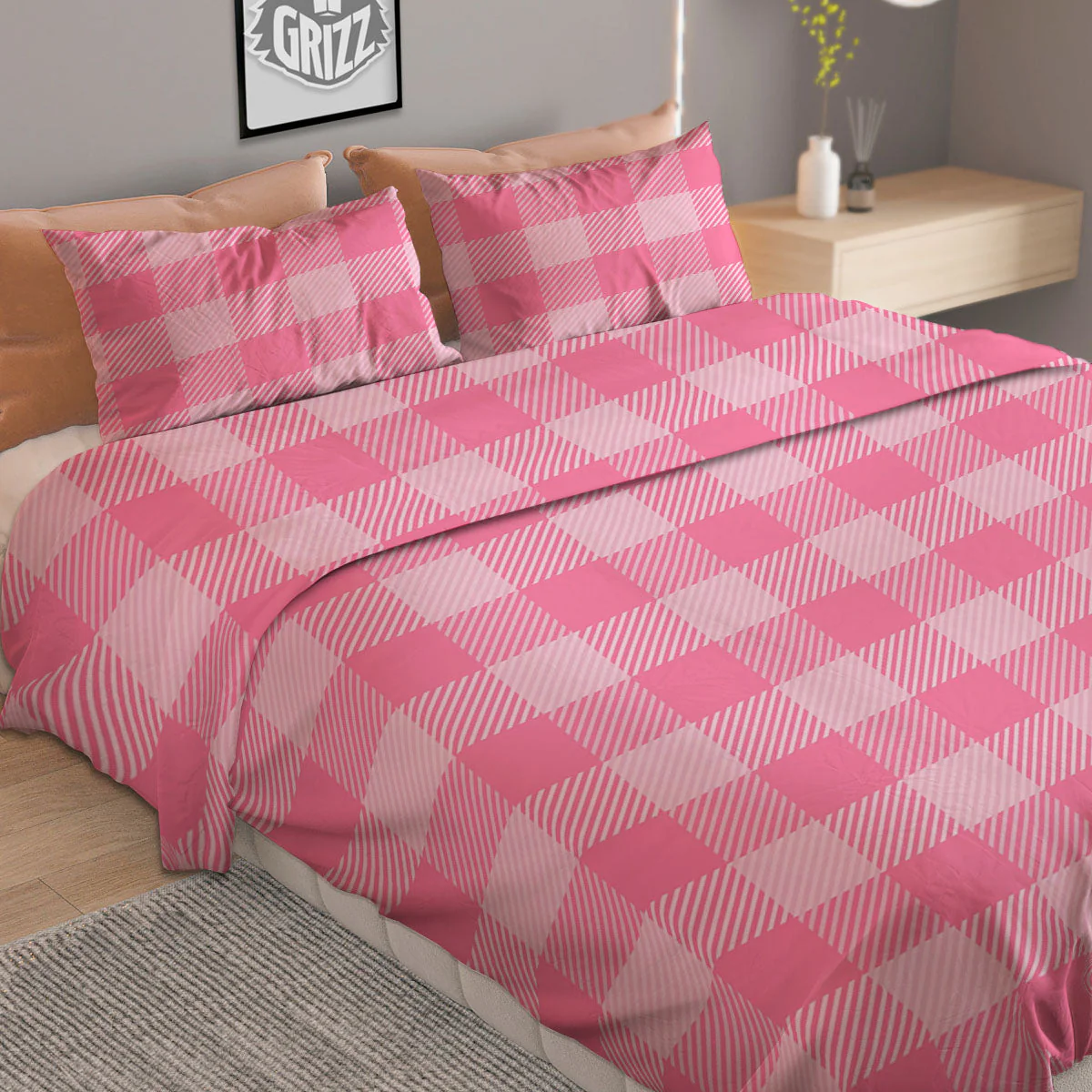 Check Pink Print Pattern Duvet Cover Bedding Set - Image 2