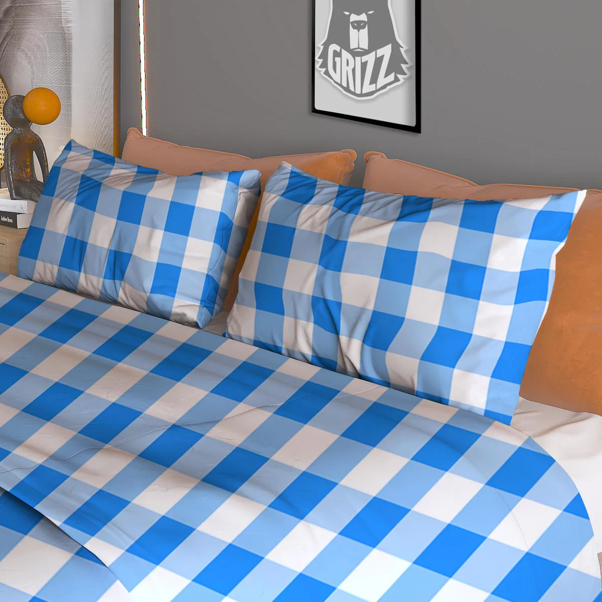 Check Sapphire Blue Print Pattern Duvet Cover Bedding Set - Image 3