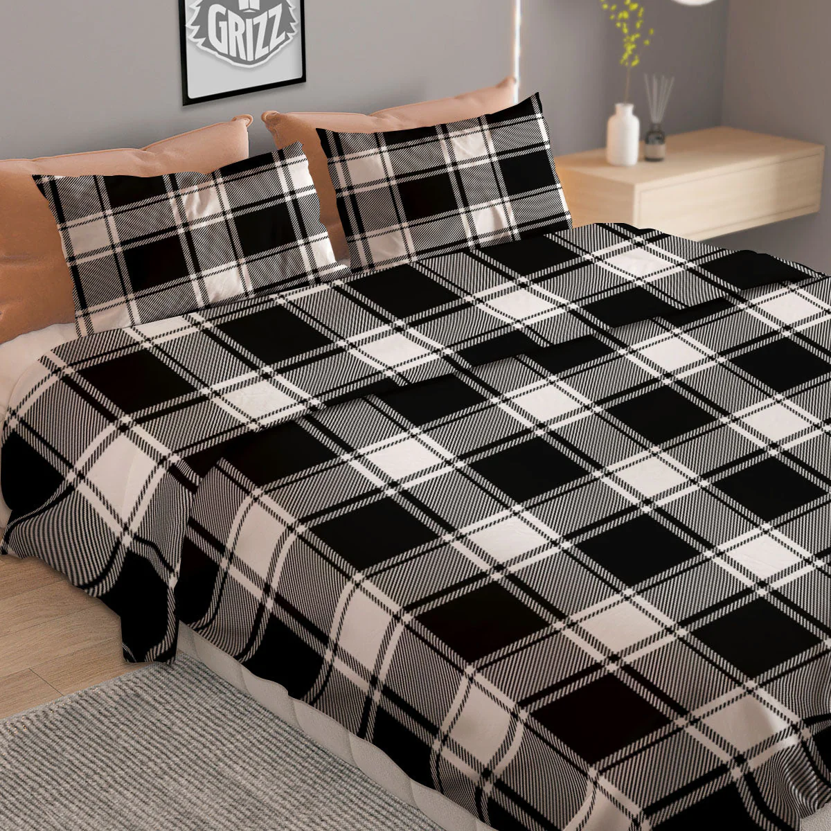 Check White And Black Print Pattern Duvet Cover Bedding Set - Image 2