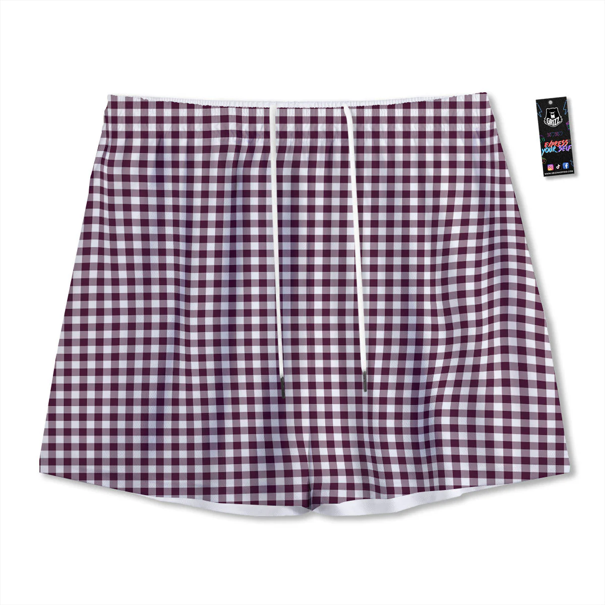 Check White And Burgundy Print Pattern Mesh Shorts