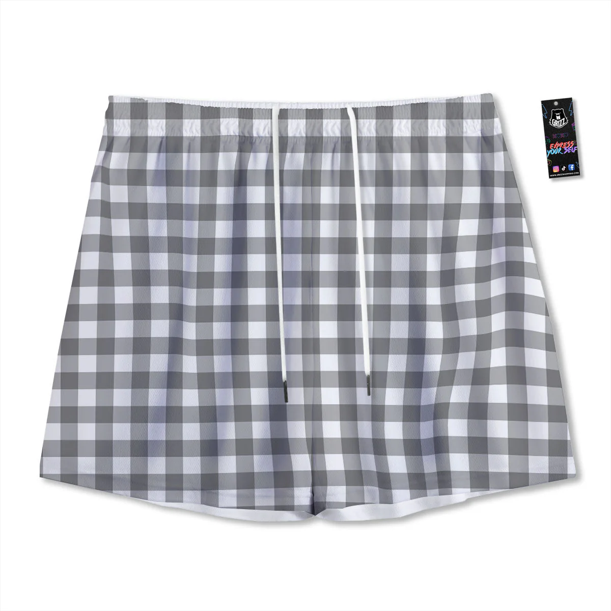 Check White And Grey Print Pattern Mesh Shorts