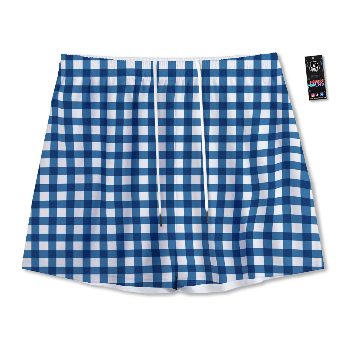 Check White And Navy Print Pattern Mesh Shorts