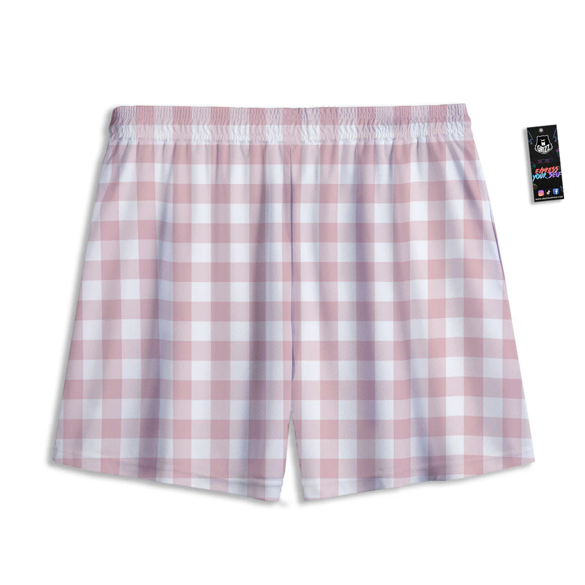 Check White And Pink Print Pattern Mesh Shorts - Image 2