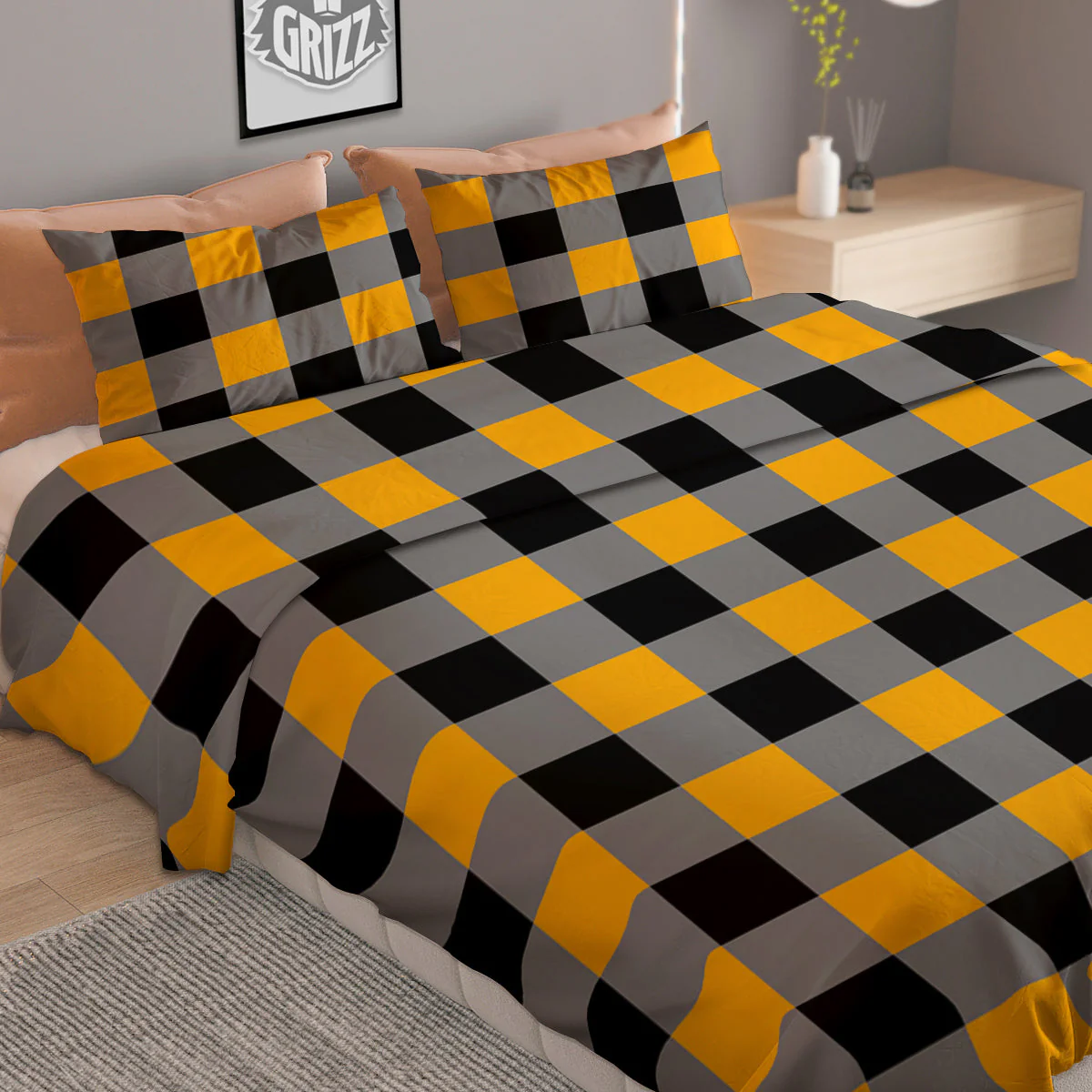 Check Yellow And Black Print Pattern Duvet Cover Bedding Set - Image 2