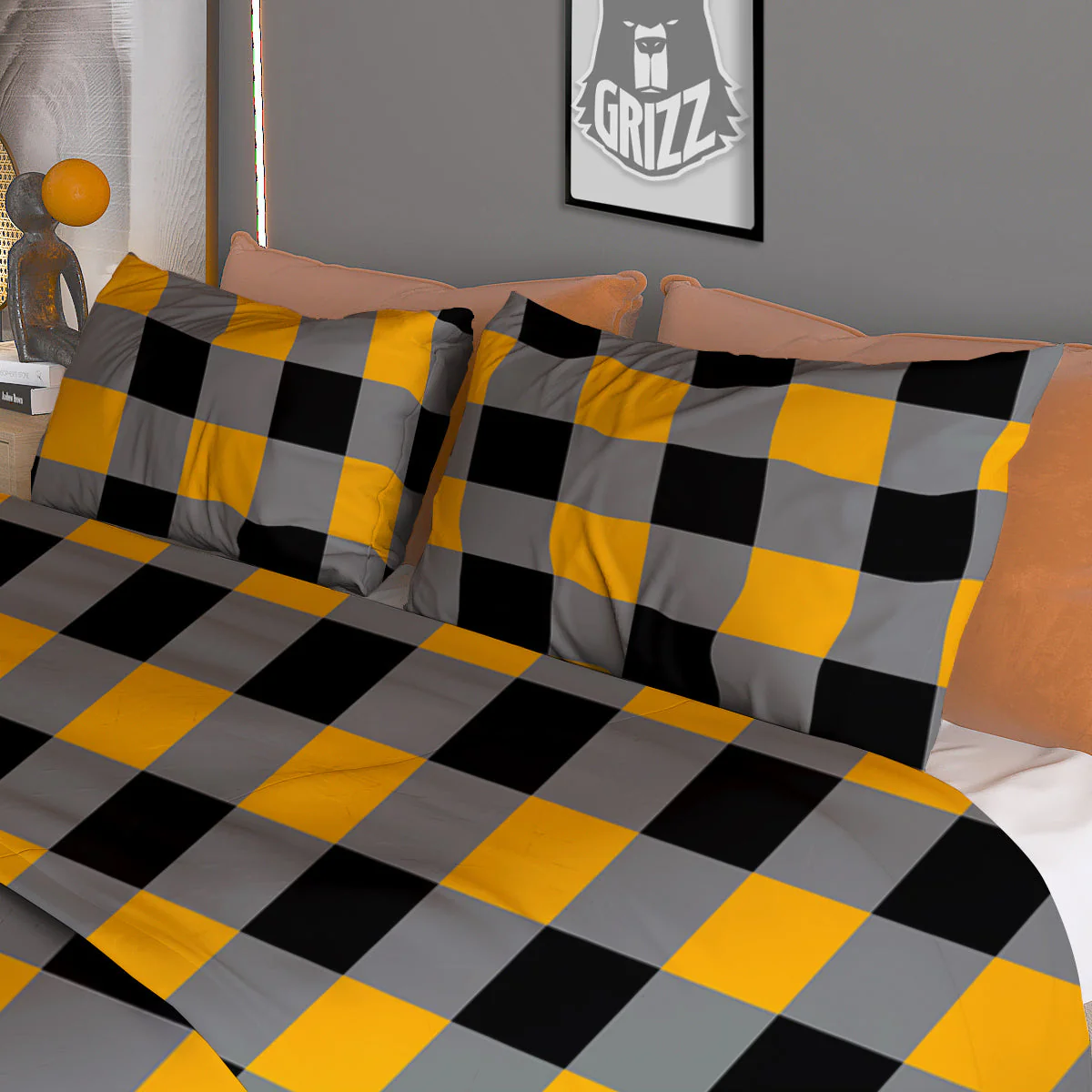 Check Yellow And Black Print Pattern Duvet Cover Bedding Set - Image 3