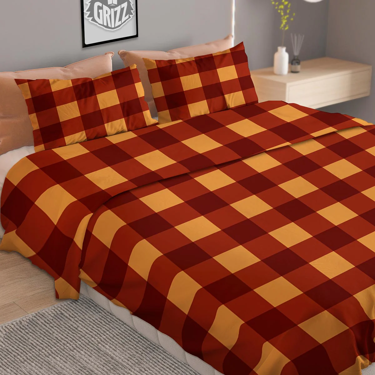 Check Yellow And Red Print Pattern Duvet Cover Bedding Set - Image 2