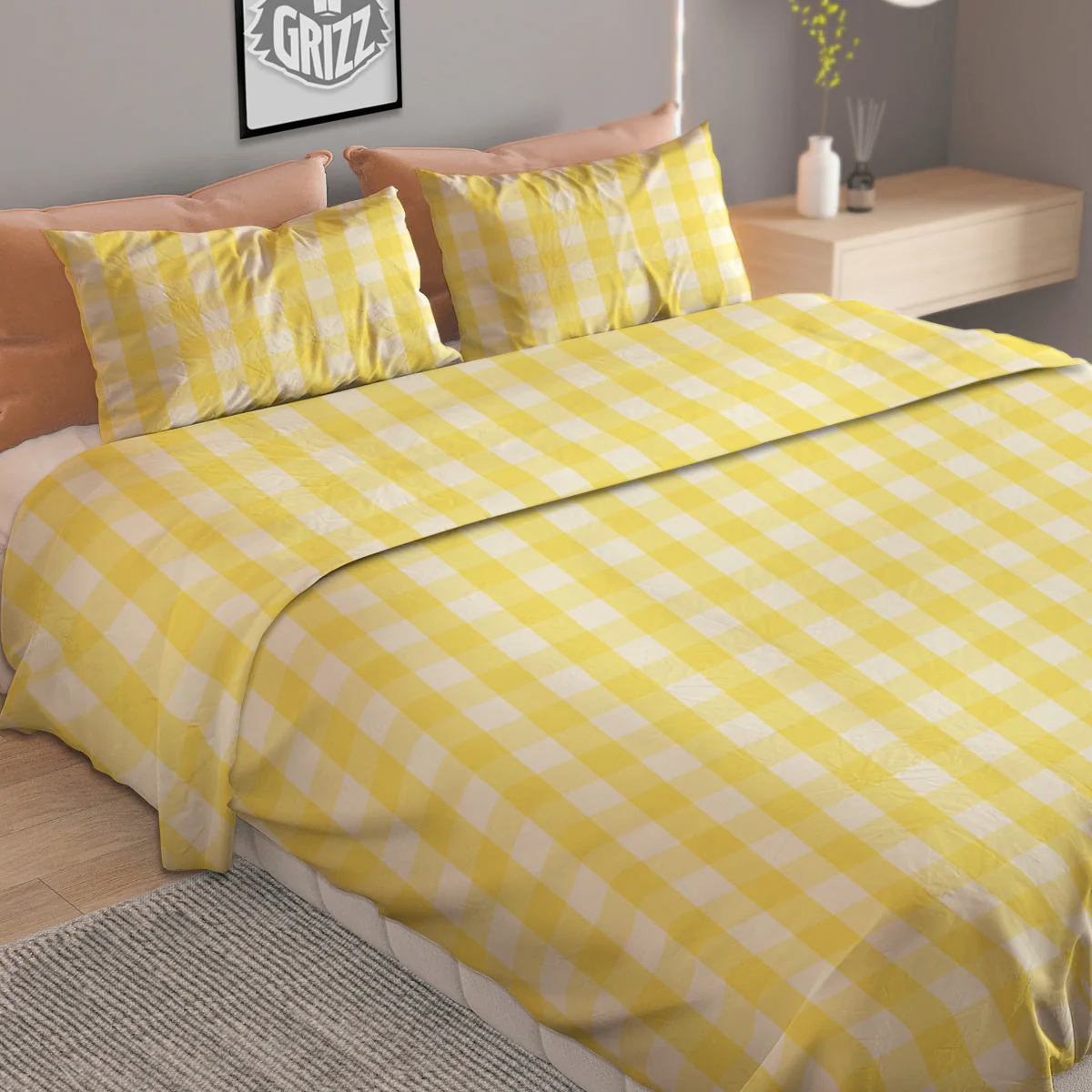 Check Yellow And White Print Pattern Duvet Cover Bedding Set - Image 2