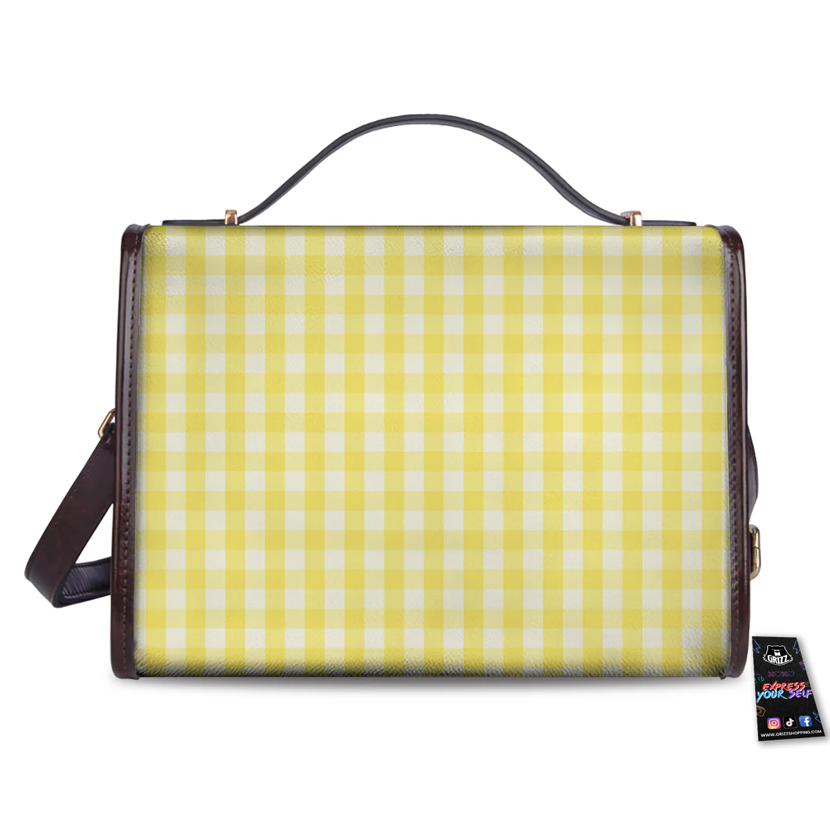 Check Yellow And White Print Pattern Women's Satchel Bag - Image 2