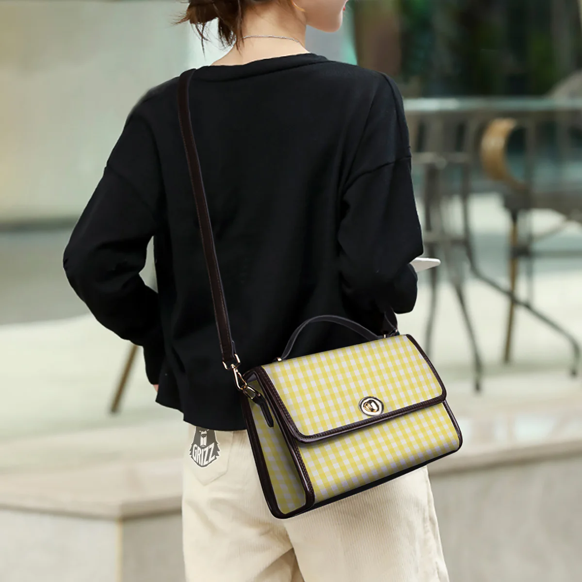 Check Yellow And White Print Pattern Women's Satchel Bag - Image 3