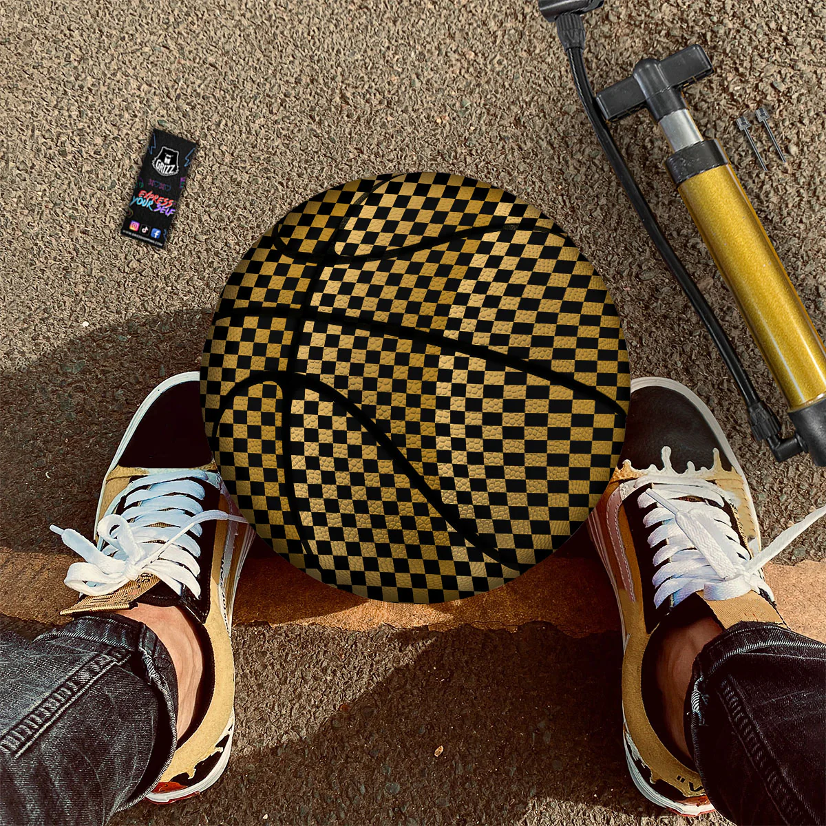 Checkered Black And Gold Print Pattern Basketball - Image 2
