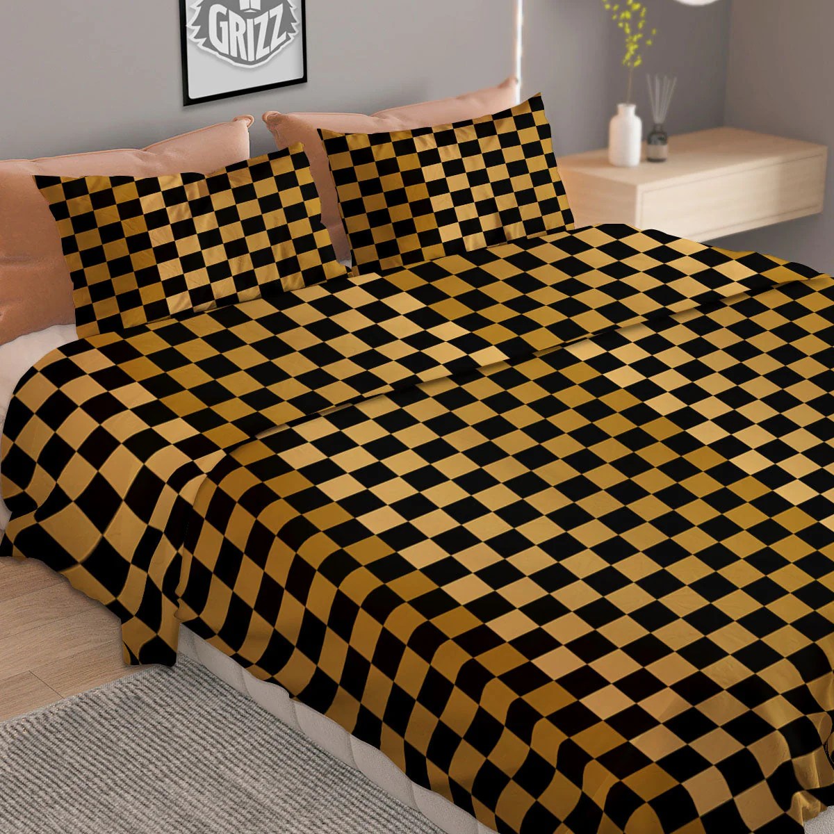 Checkered Black And Gold Print Pattern Duvet Cover Bedding Set - Image 2