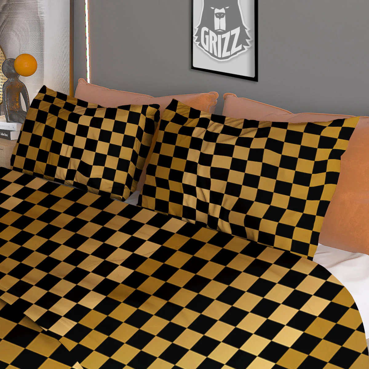 Checkered Black And Gold Print Pattern Duvet Cover Bedding Set - Image 3