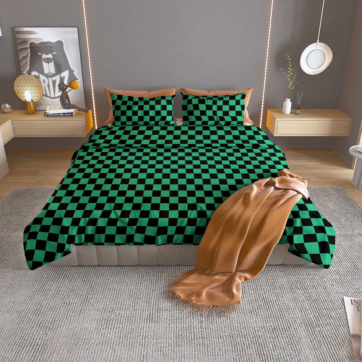 Checkered Black And Green Print Pattern Duvet Cover Bedding Set