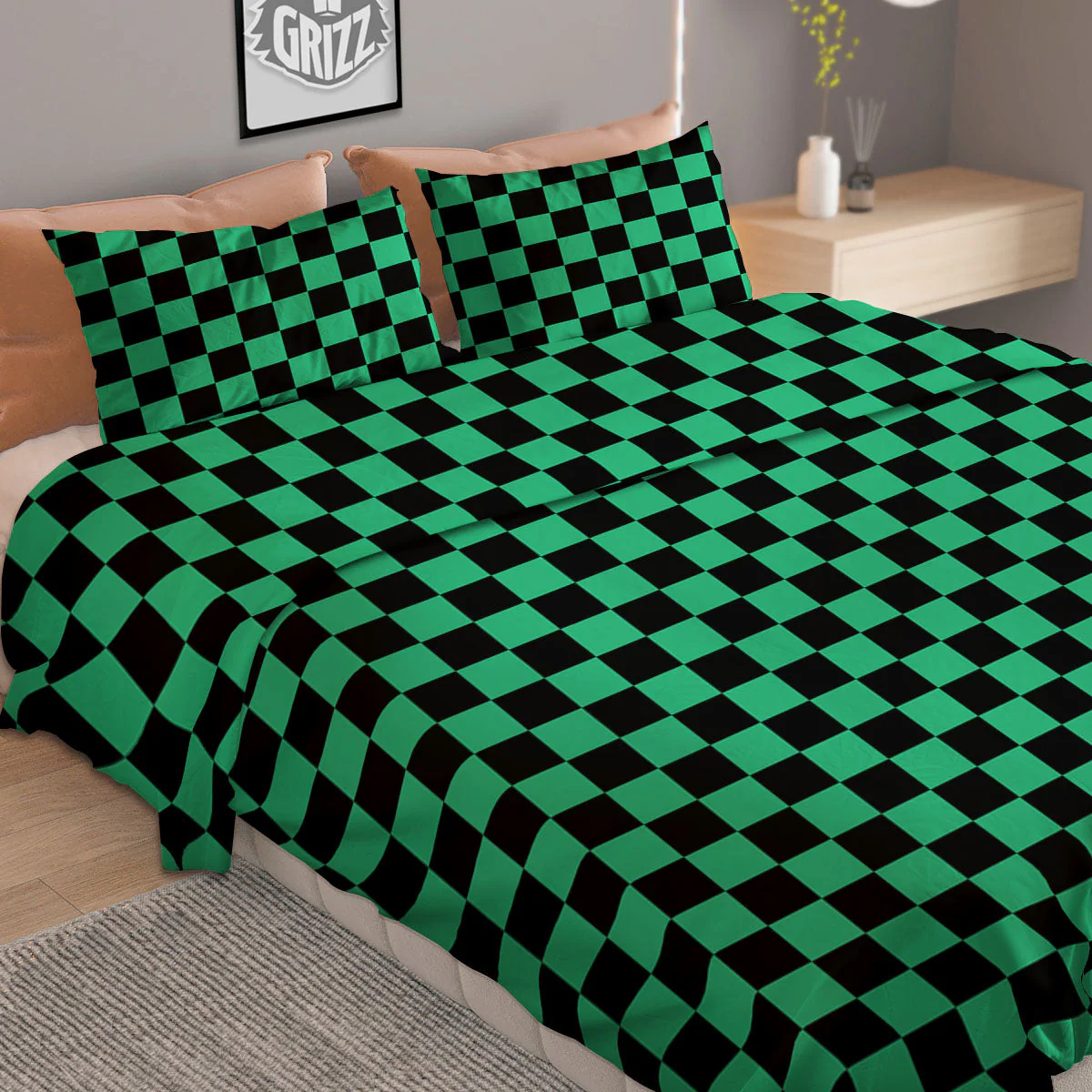 Checkered Black And Green Print Pattern Duvet Cover Bedding Set - Image 2