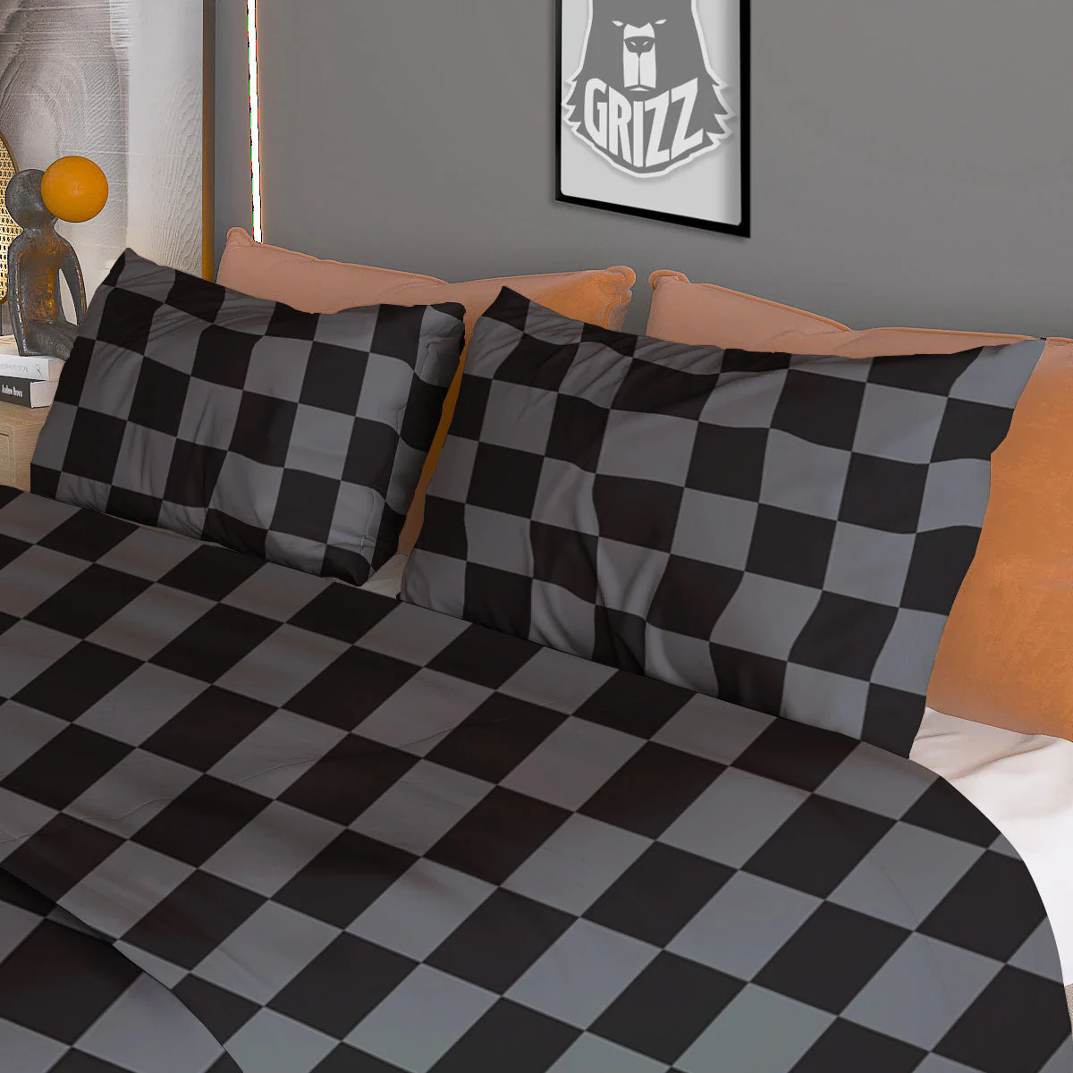 Checkered Black And Grey Print Pattern Duvet Cover Bedding Set - Image 3