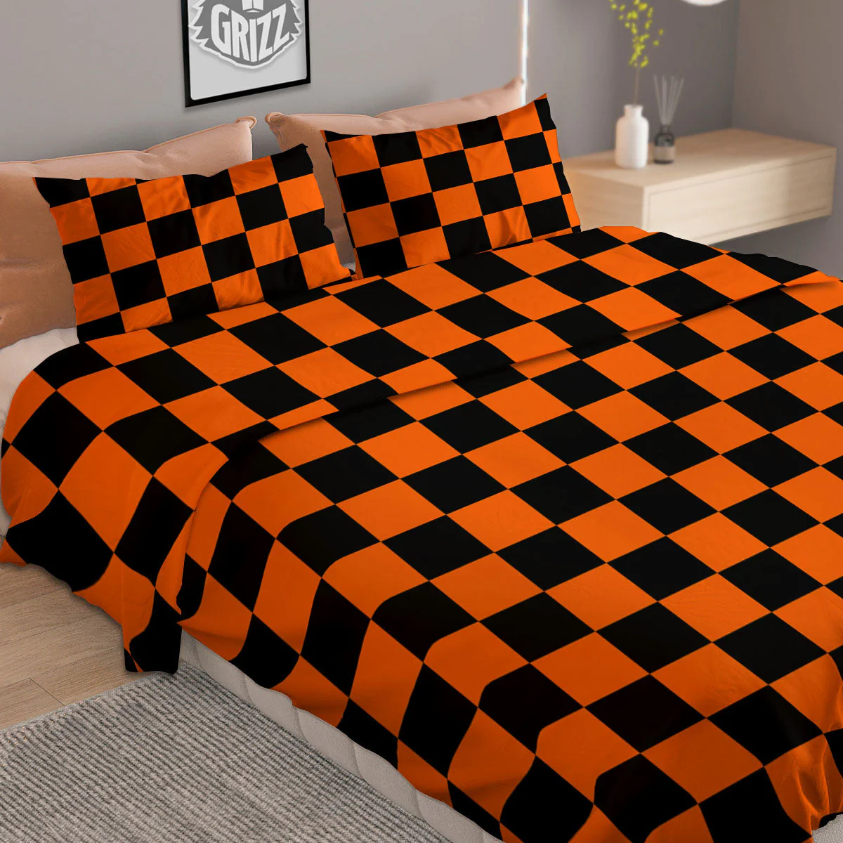 Checkered Black And Orange Print Pattern Duvet Cover Bedding Set - Image 2