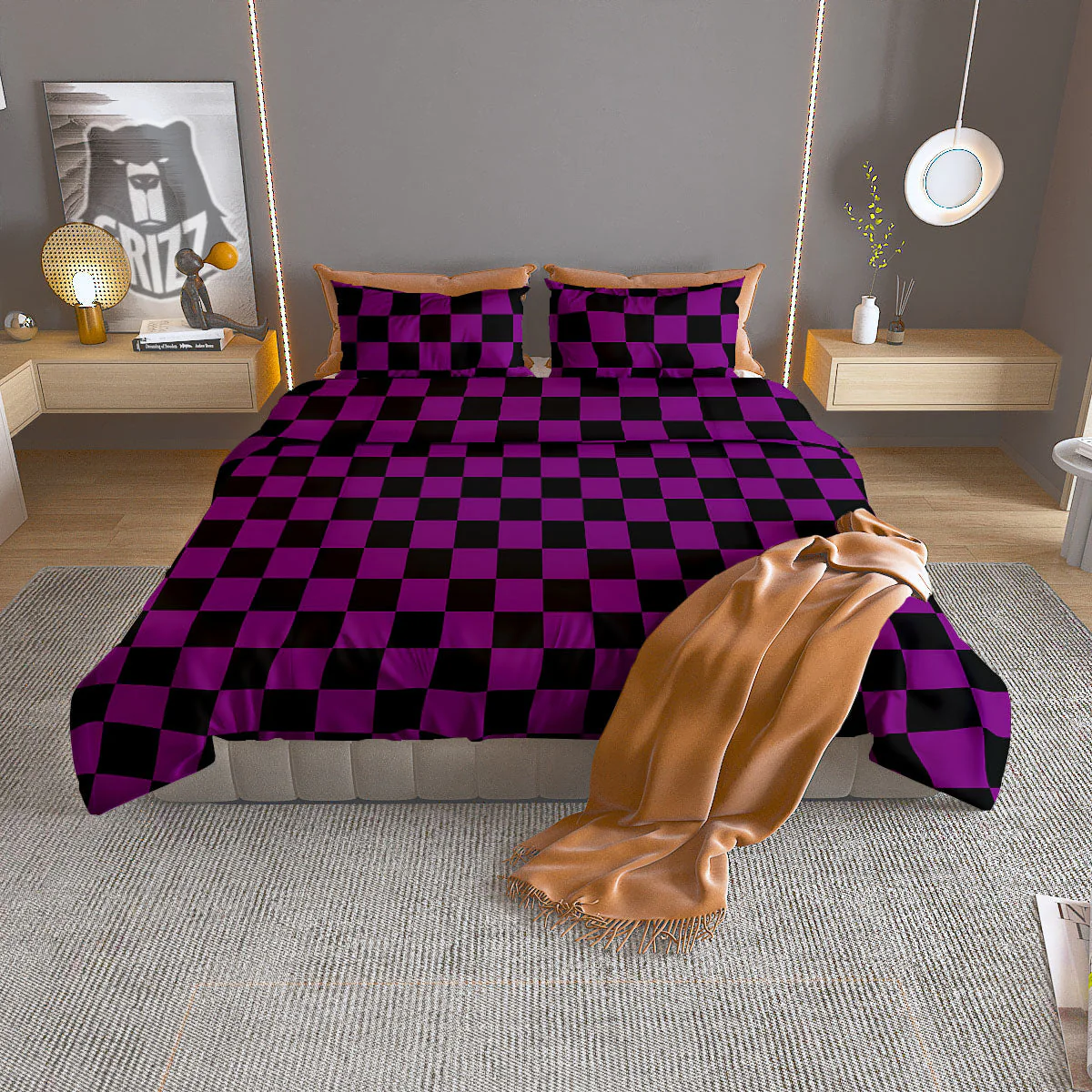 Checkered Black And Purple Print Pattern Duvet Cover Bedding Set
