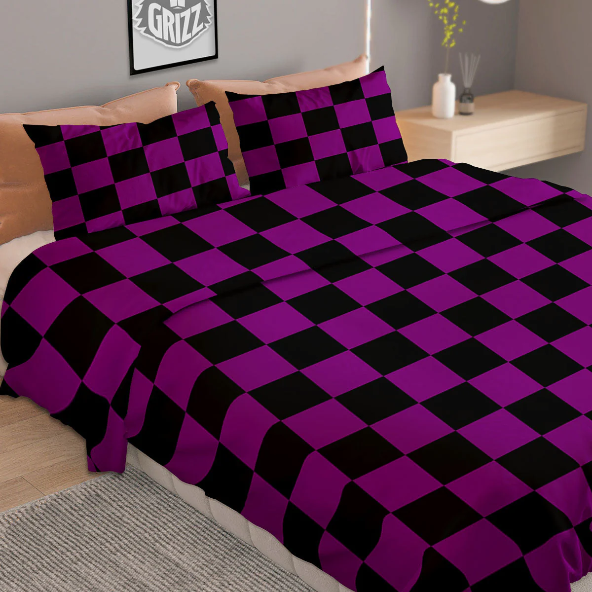 Checkered Black And Purple Print Pattern Duvet Cover Bedding Set - Image 2