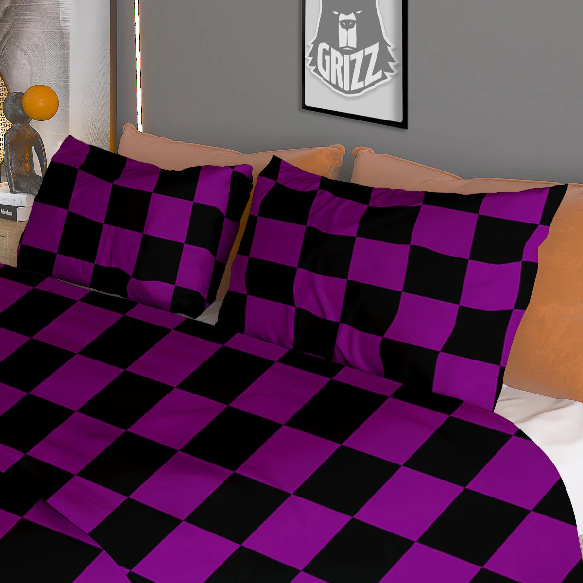 Checkered Black And Purple Print Pattern Duvet Cover Bedding Set - Image 3