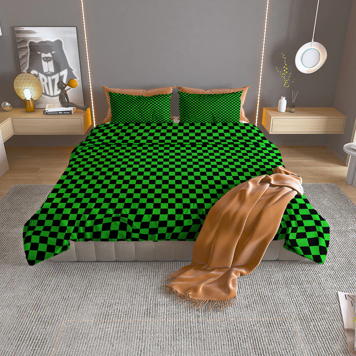 Checkered Green And Black Print Duvet Cover Bedding Set