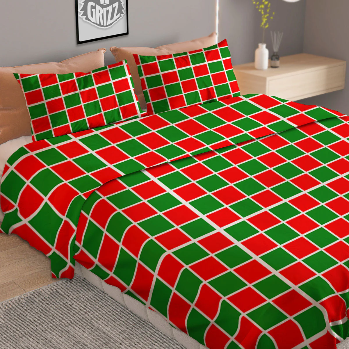 Checkered Merry Christmas Print Pattern Duvet Cover Bedding Set - Image 2