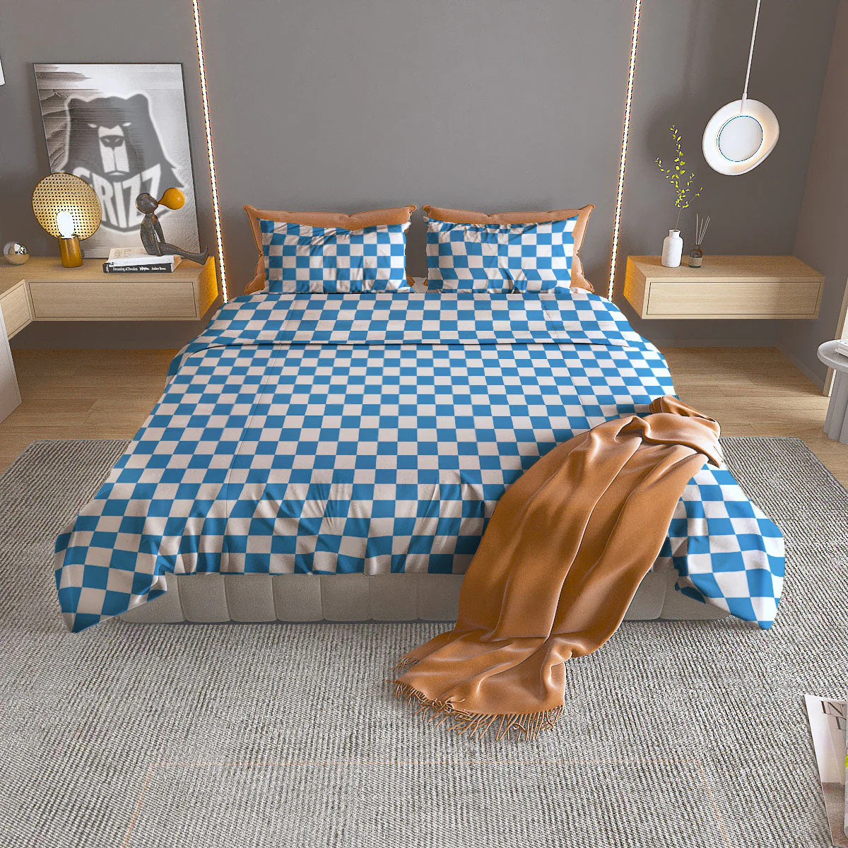Checkered White And Blue Print Pattern Duvet Cover Bedding Set