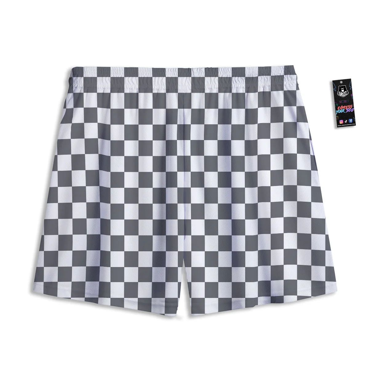 Checkered White And Grey Print Pattern Mesh Shorts - Image 2