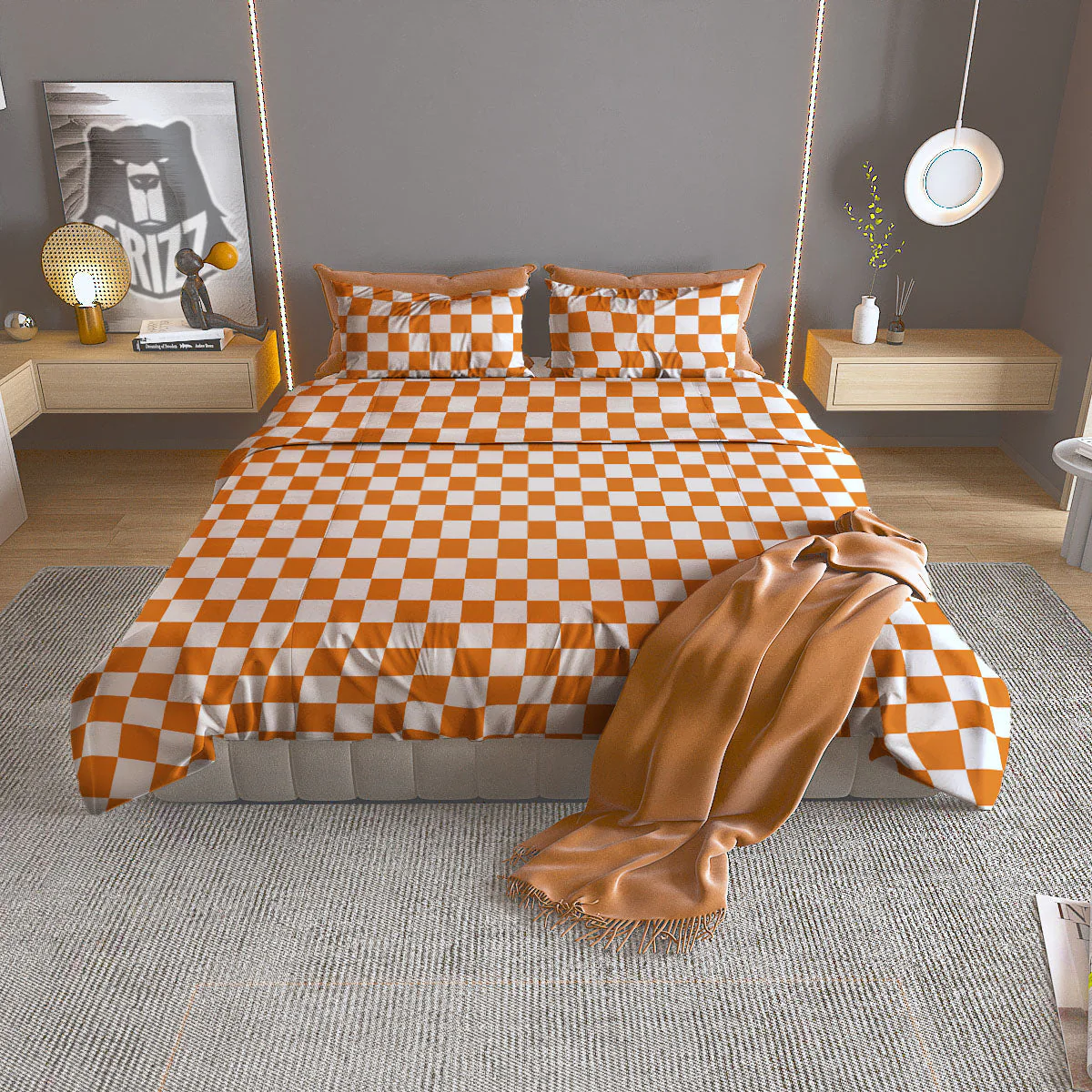Checkered White And Orange Print Pattern Duvet Cover Bedding Set