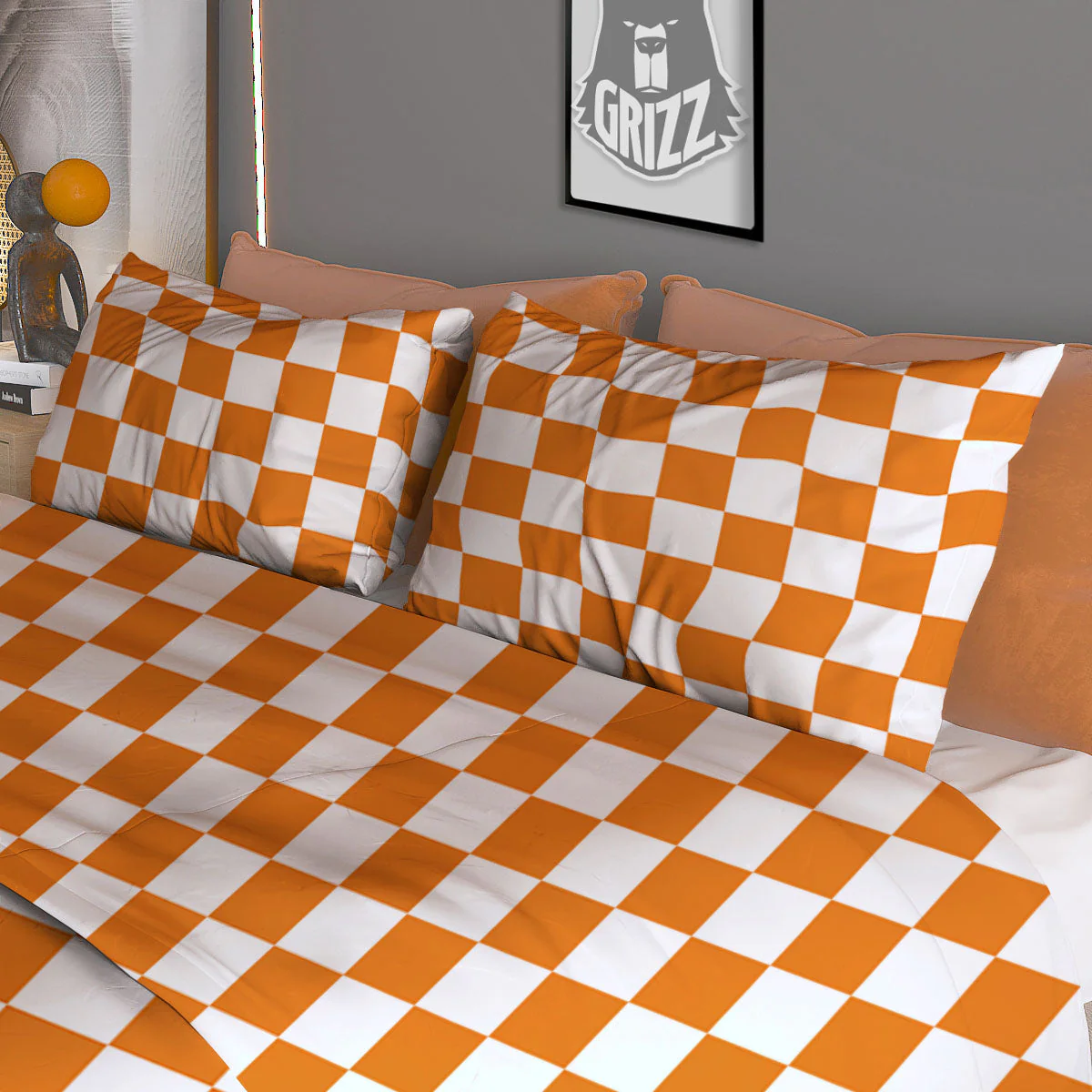 Checkered White And Orange Print Pattern Duvet Cover Bedding Set - Image 3