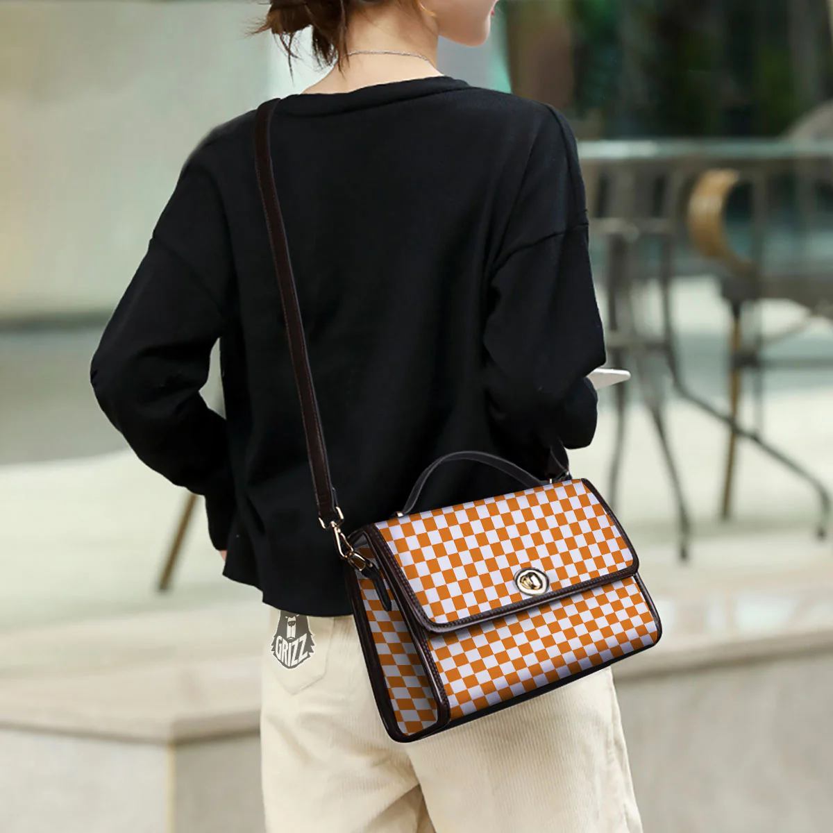Checkered White And Orange Print Pattern Women's Satchel Bag - Image 3