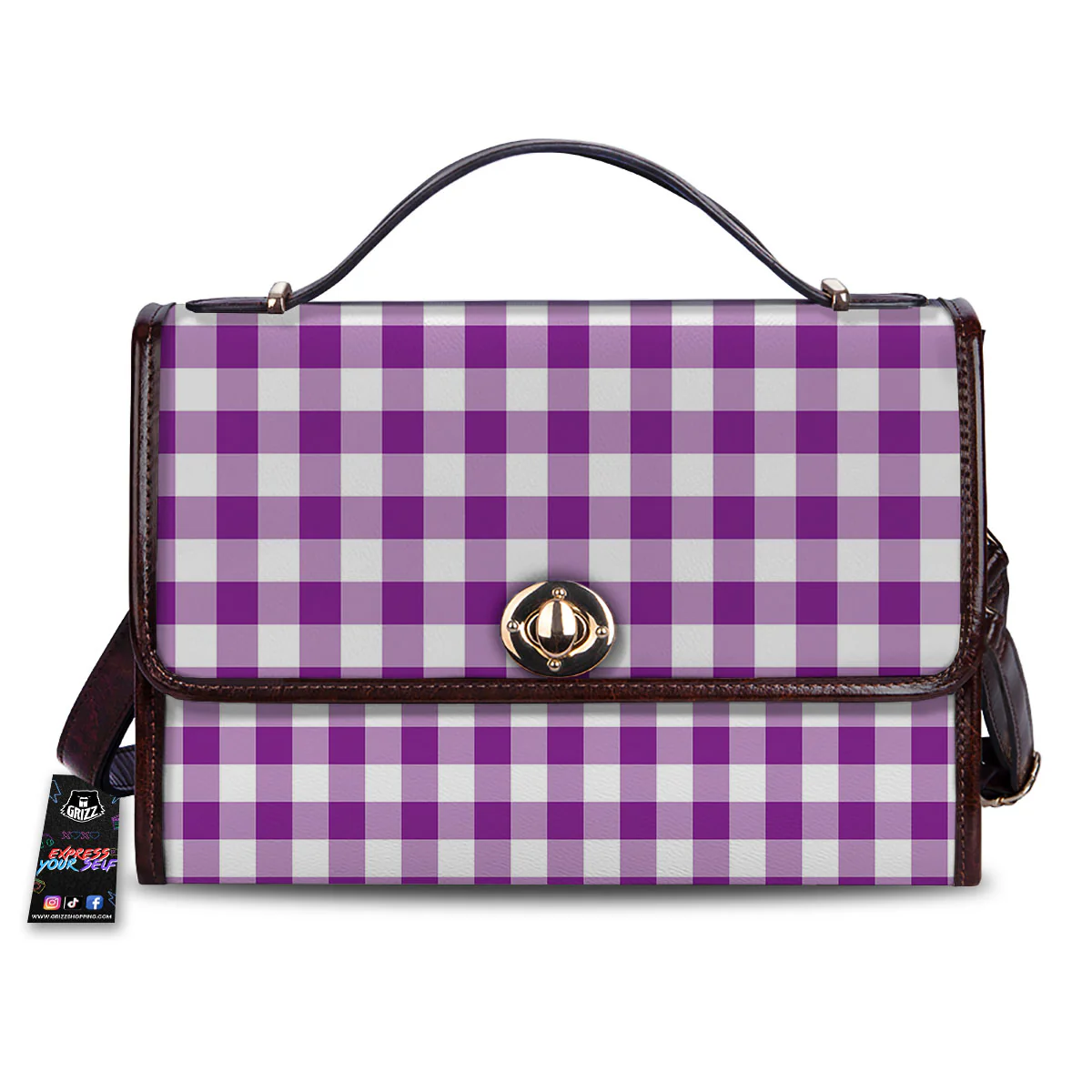Checkered White And Purple Print Pattern Women's Satchel Bag