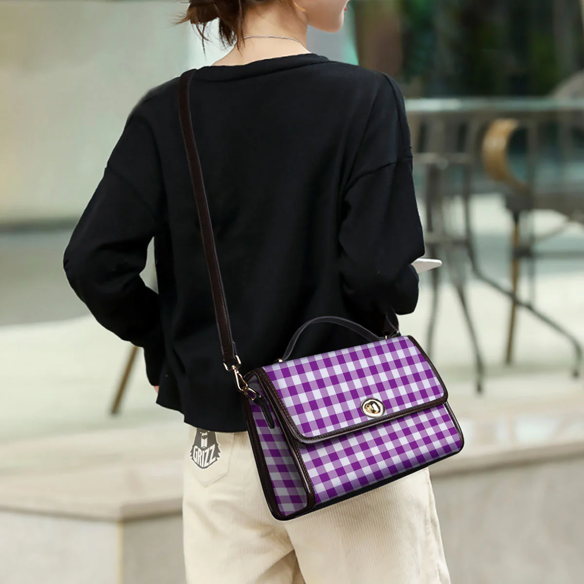 Checkered White And Purple Print Pattern Women's Satchel Bag - Image 3