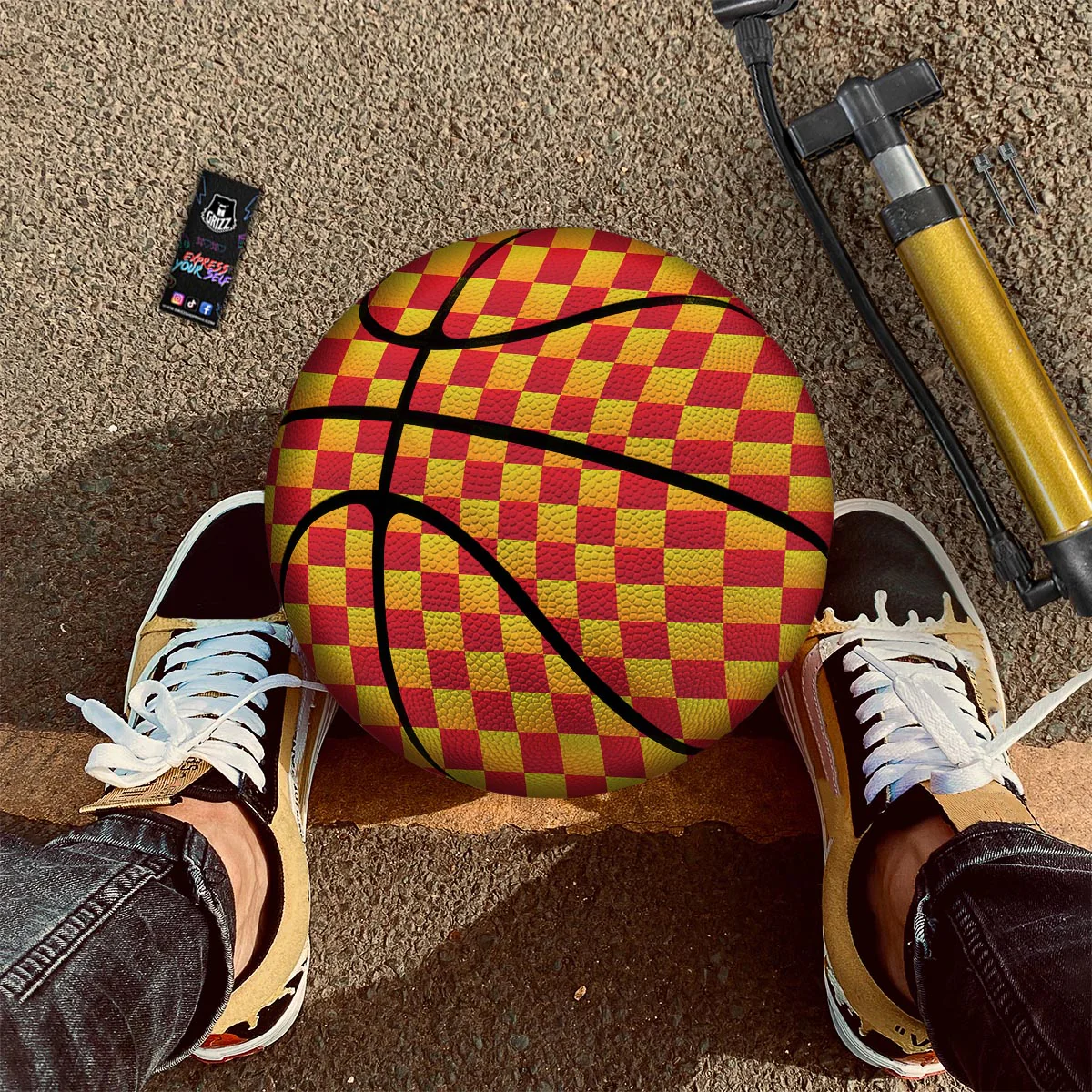 Checkered Yellow And Red Print Pattern Basketball - Image 2